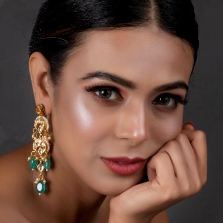 Cascading Mirror & Green Stone Earrings with Pearl Clusters Pair